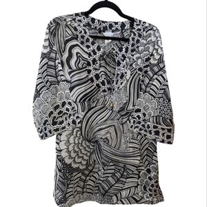 Trina Turk Black&White Tropical Print Cotton/Silk Blend Tunic/CoverUp Top Medium